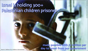 Poster showing a little Palestinian boy with a lock partly obscuring his sad face. It says 'Over 1500 Palestinian children jailed'