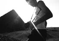 Tom Hurndall in front of a pyramid.